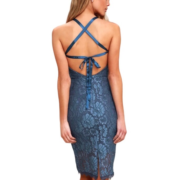 LULU’S WISHFUL WANDERING BLUE LACE BODYCON MIDI DRESS - Picture 3 of 16